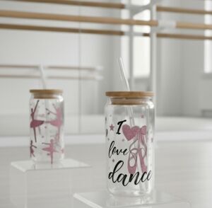 “I Love Dance” 16oz Glass Tumbler with Lid & Straw – Ballet Dancer Design